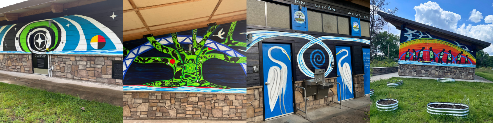 Photos showing each exterior wall mural on building. Sunny, blue skies with bright green grass in foreground.