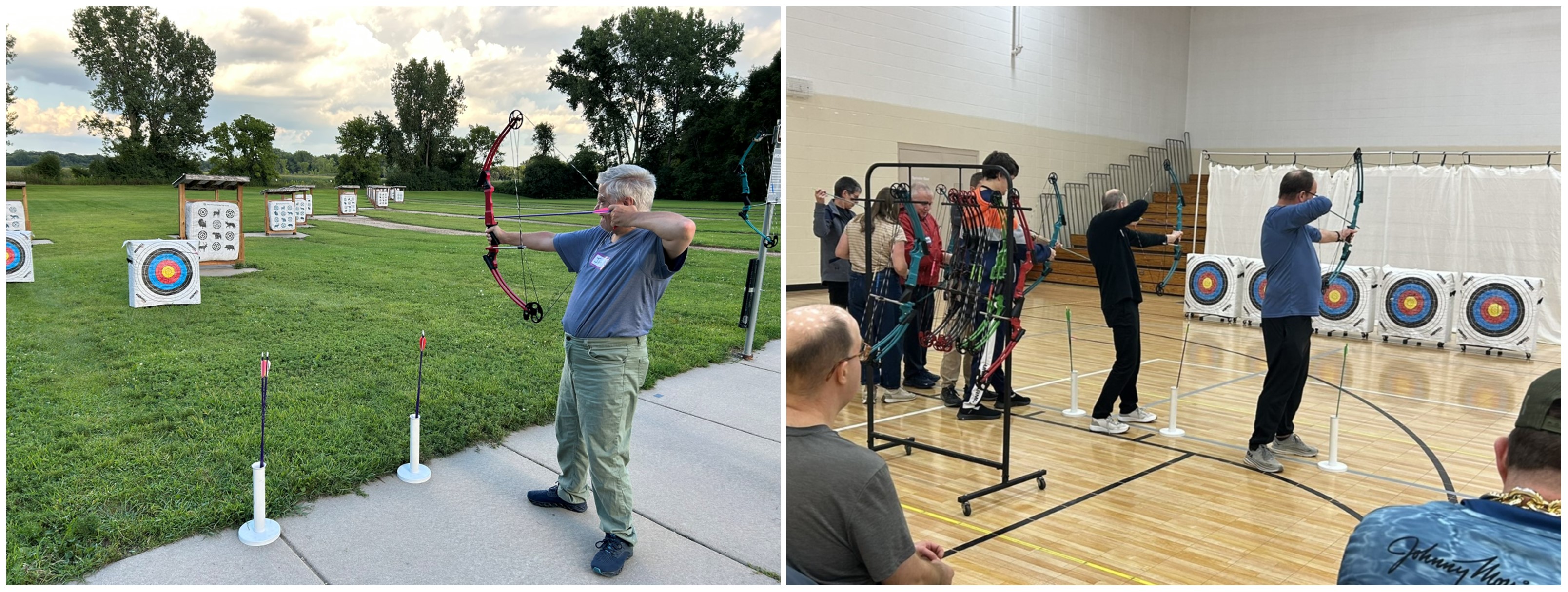Combined photo of people participating in outdoor and indoor archery activities.