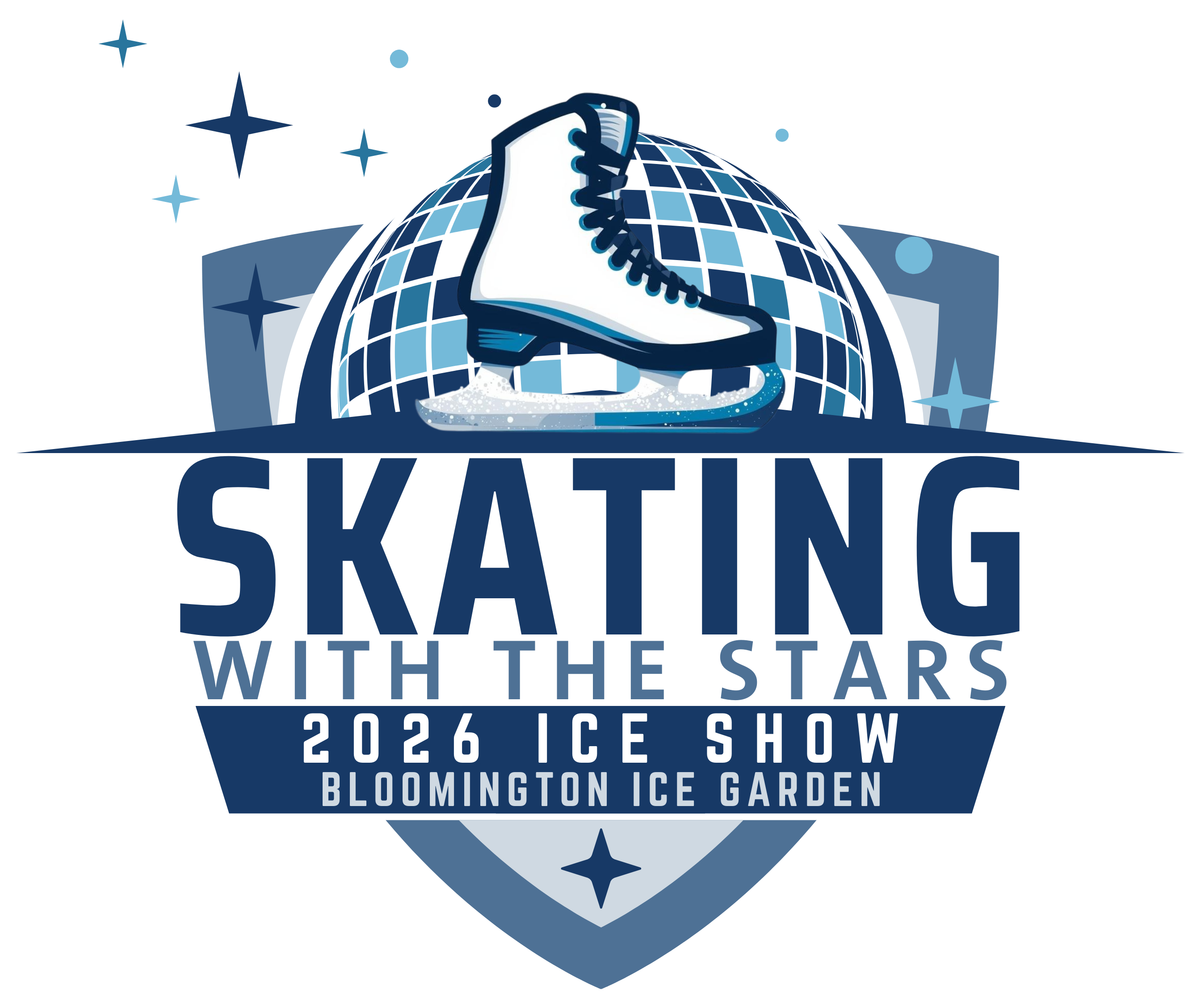 Skating with the Stars 2026 Bloomington Ice Garden Ice Show logo in shades of blue with mirror ball, skate, and sparkling stars