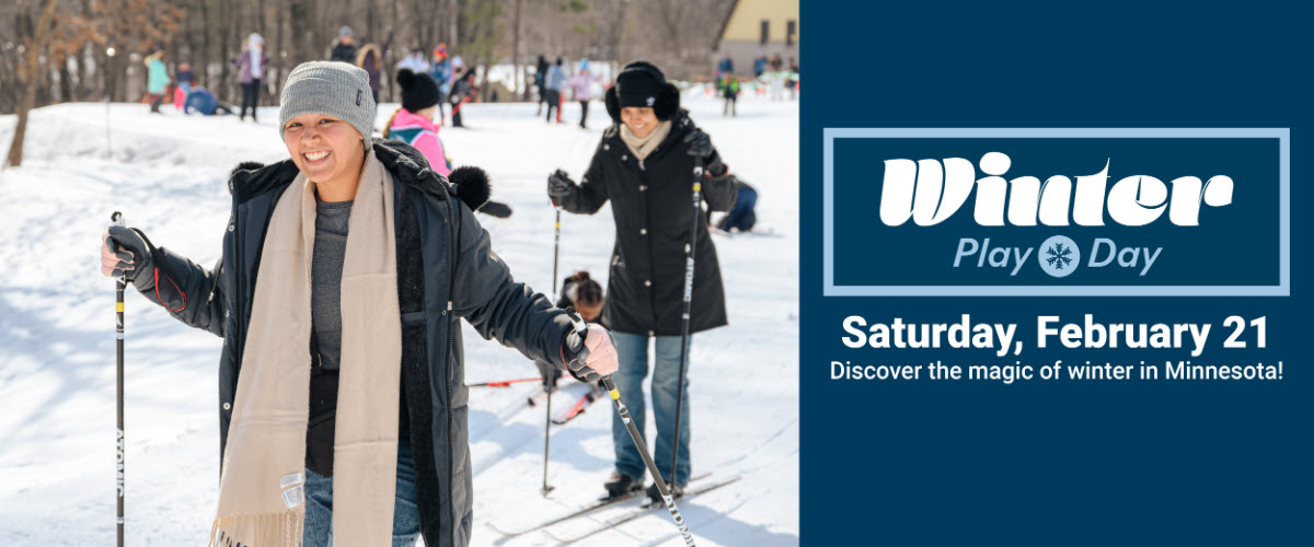 Winter Play Day 2026 graphic Three Rivers Park District featuring women cross country skiing