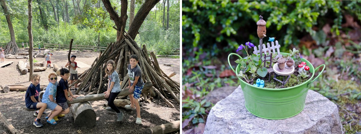 Dual photo showing kids building a lean to with logs on the left and a green container with a colorful fairy garden on the right