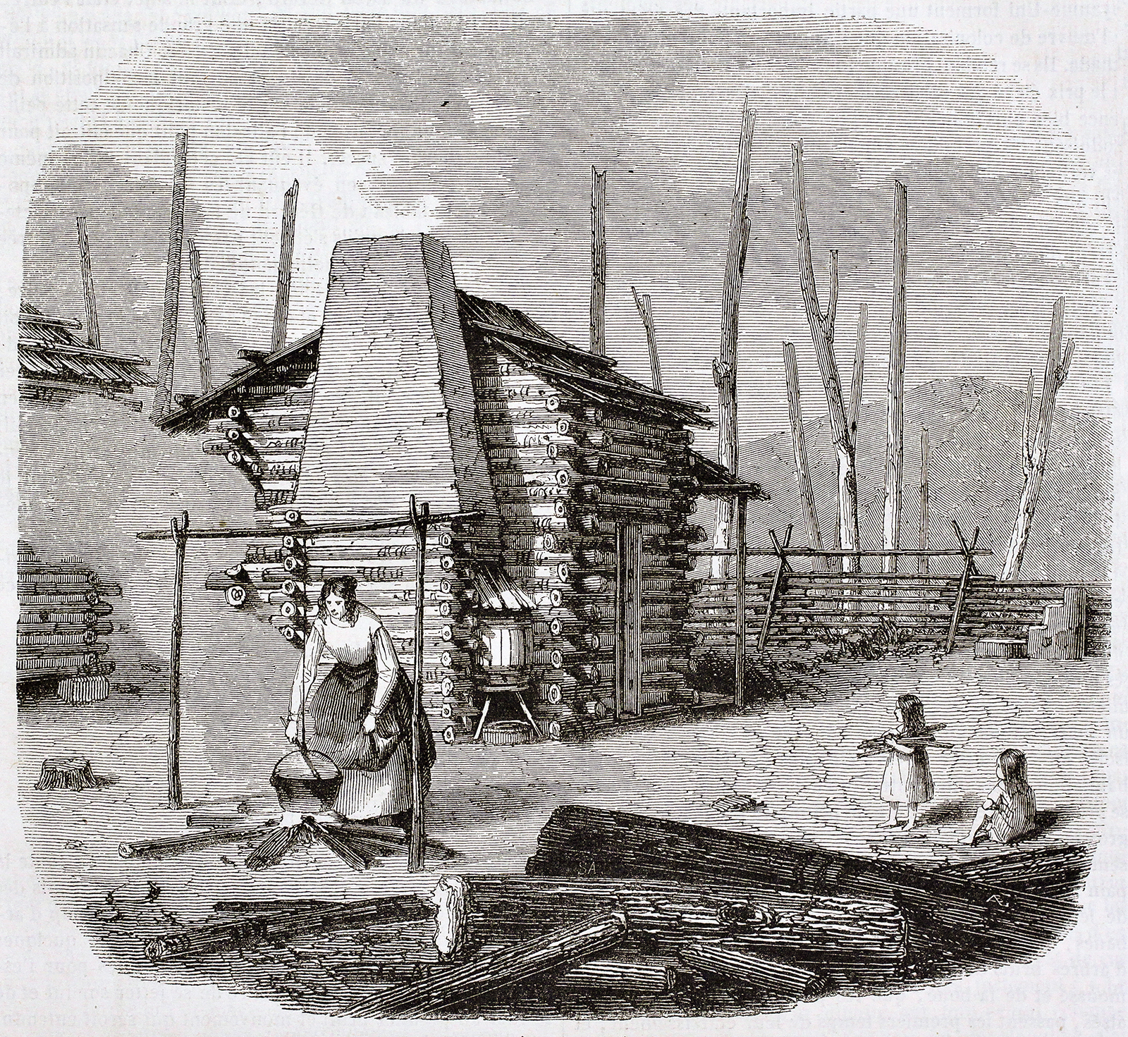 Sketch of a pioneer cabin with a woman cooking over an open fire and children nearby gathering sticks