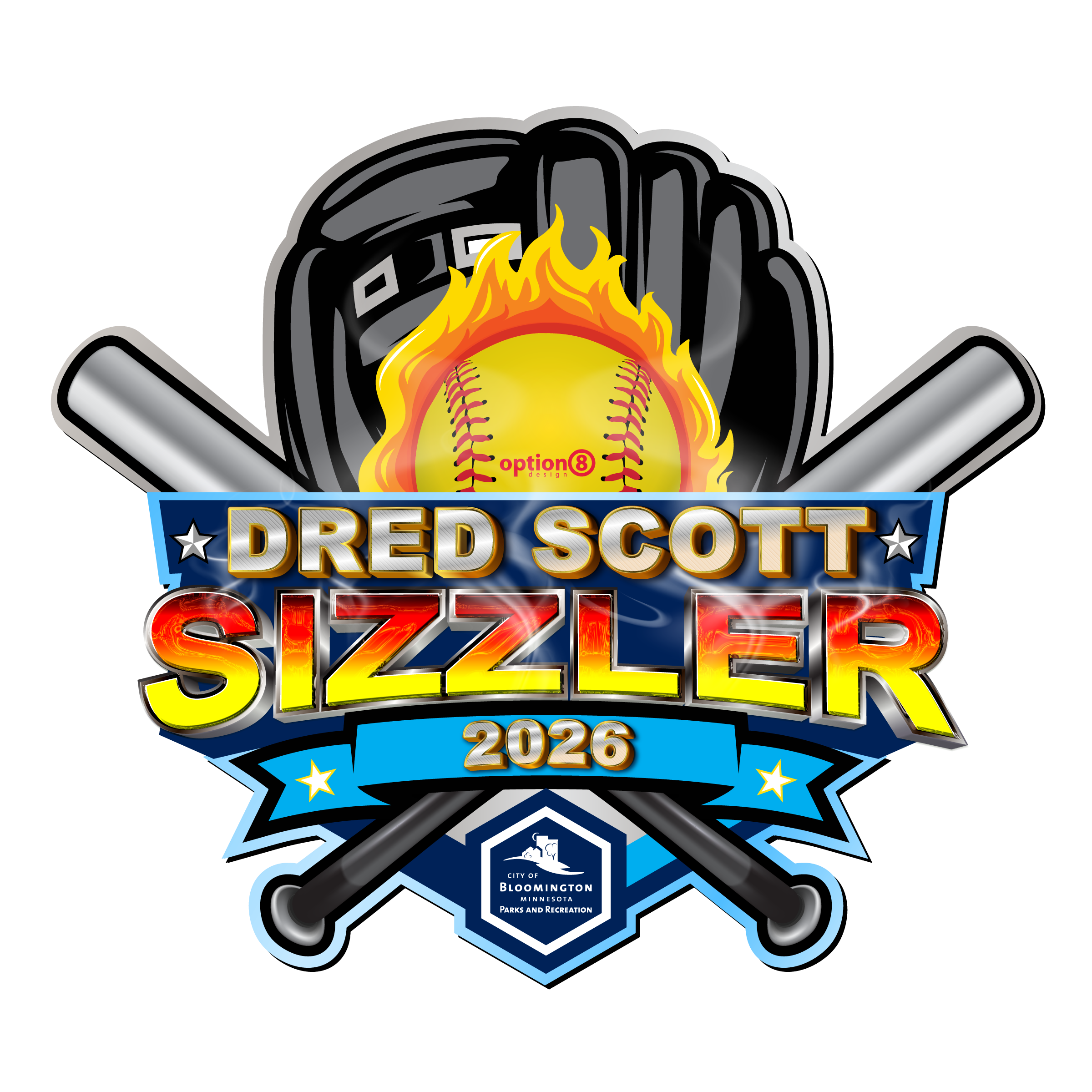 2026 Dred Scott Sizzler softball tournament logo with baseball glove, crossed bats and flaming yellow softball