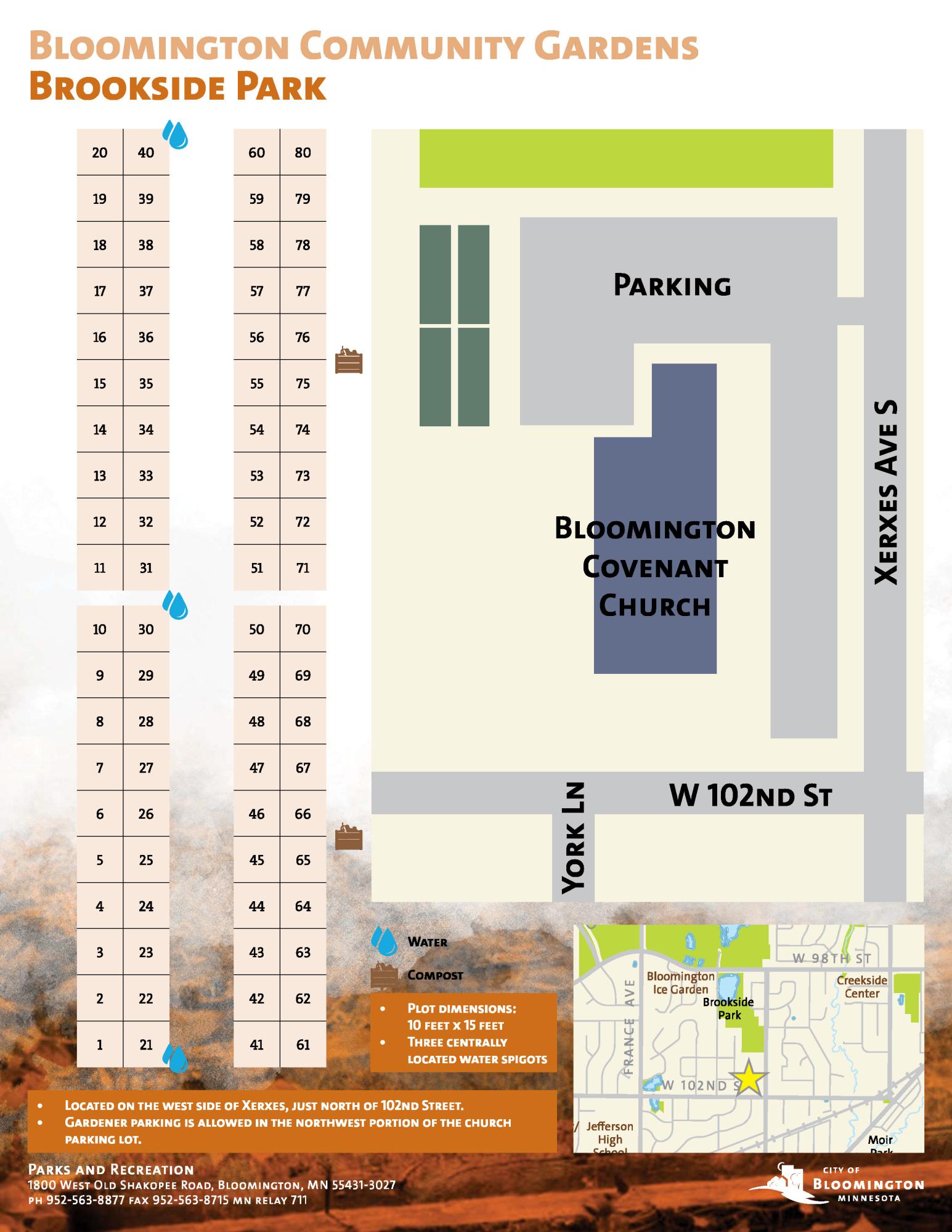 Brookside garden map with 80 plots in grid at left, map of 102nd St. and Xerxes Ave. location with church parking at right, info includes 10 x 15 plot dimensions, water and compost amenities.