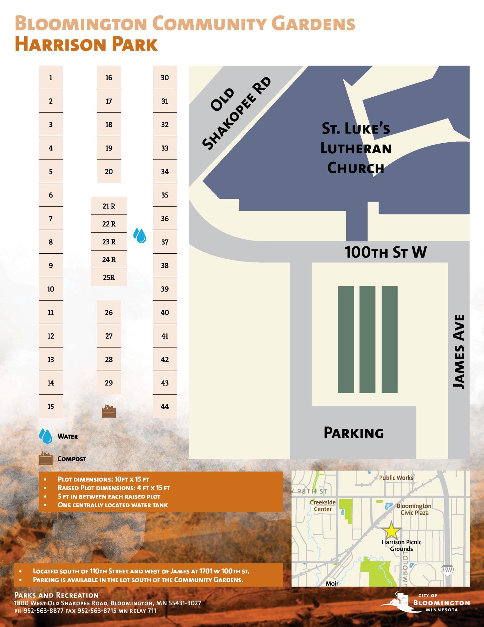 Harrison garden map with 44 plots in grid at left, map of 100th St. and James Ave. location with on-site parking at right, info includes standard 10 x 15 and raised 4 x 15 plot dimensions, water and compost locations..