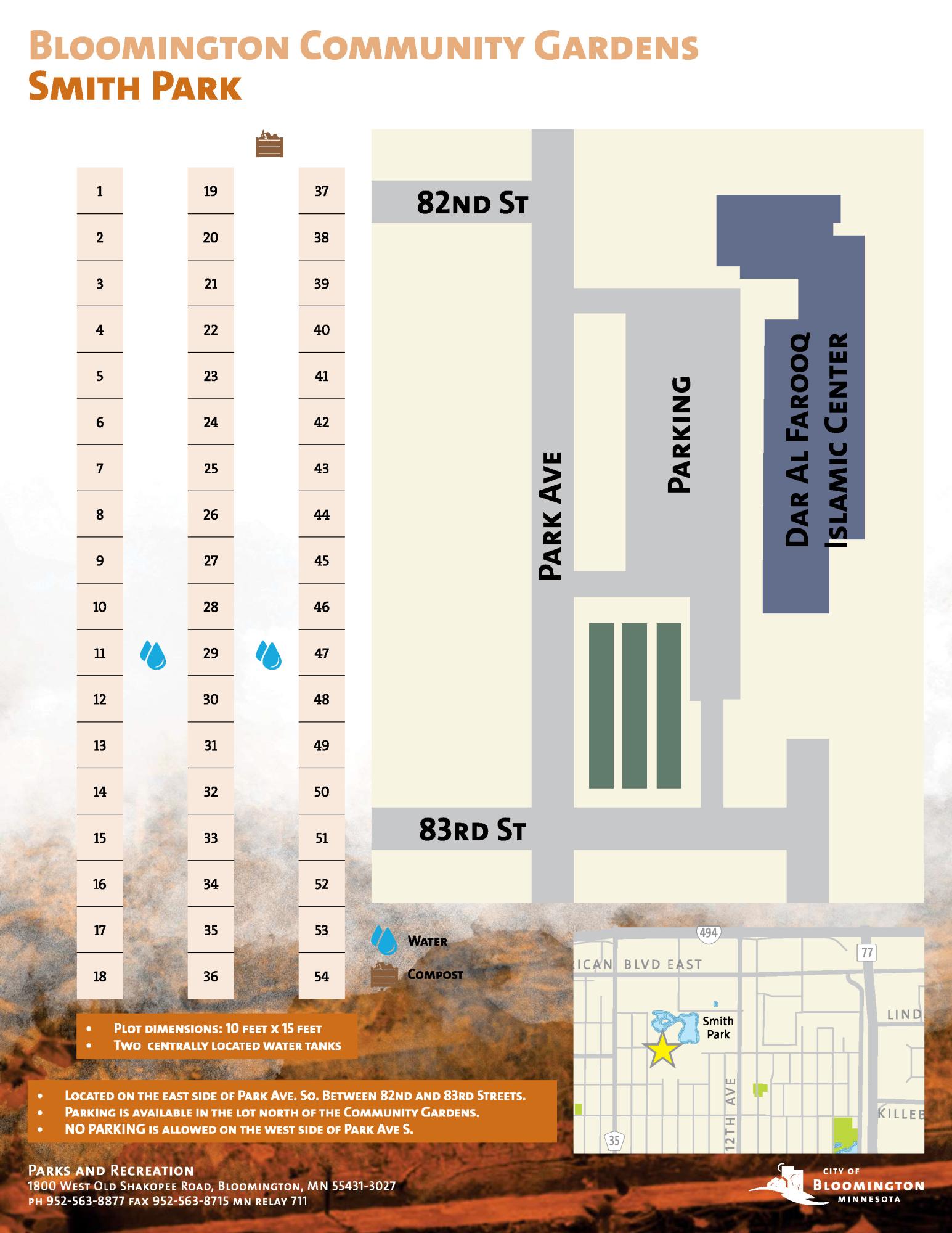 Smith garden map with 54 plots in grid at left, map of 82nd St. and Park Ave. location with on-site parking at right, info includes 10 x 15 plot dimensions, water and compost locations.