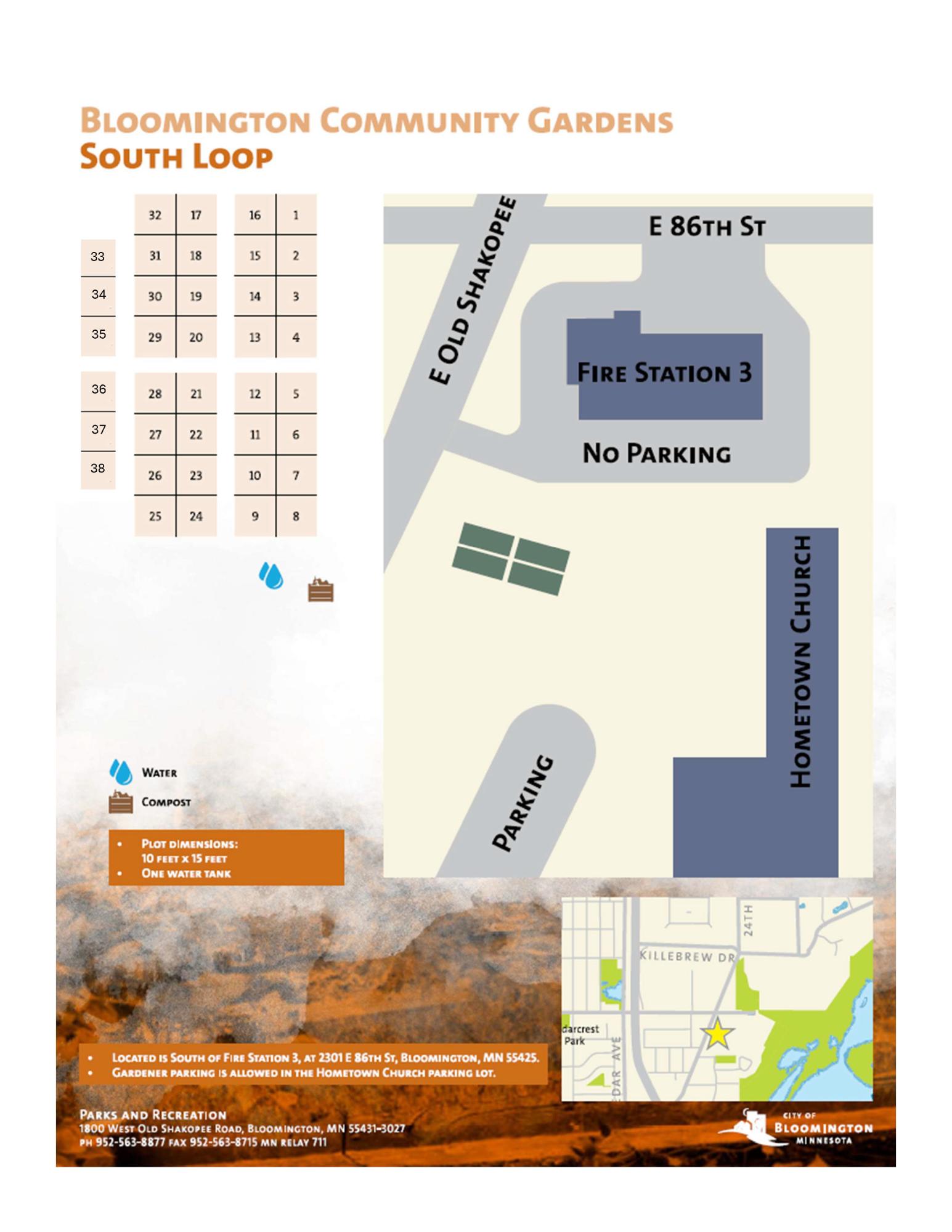 South Loop garden map with 38 plots in grid at left, map of 86th St. and Old Shakopee Rd. location with on-site parking at right, info includes 10 x 15 plot dimensions, water and compost locations.