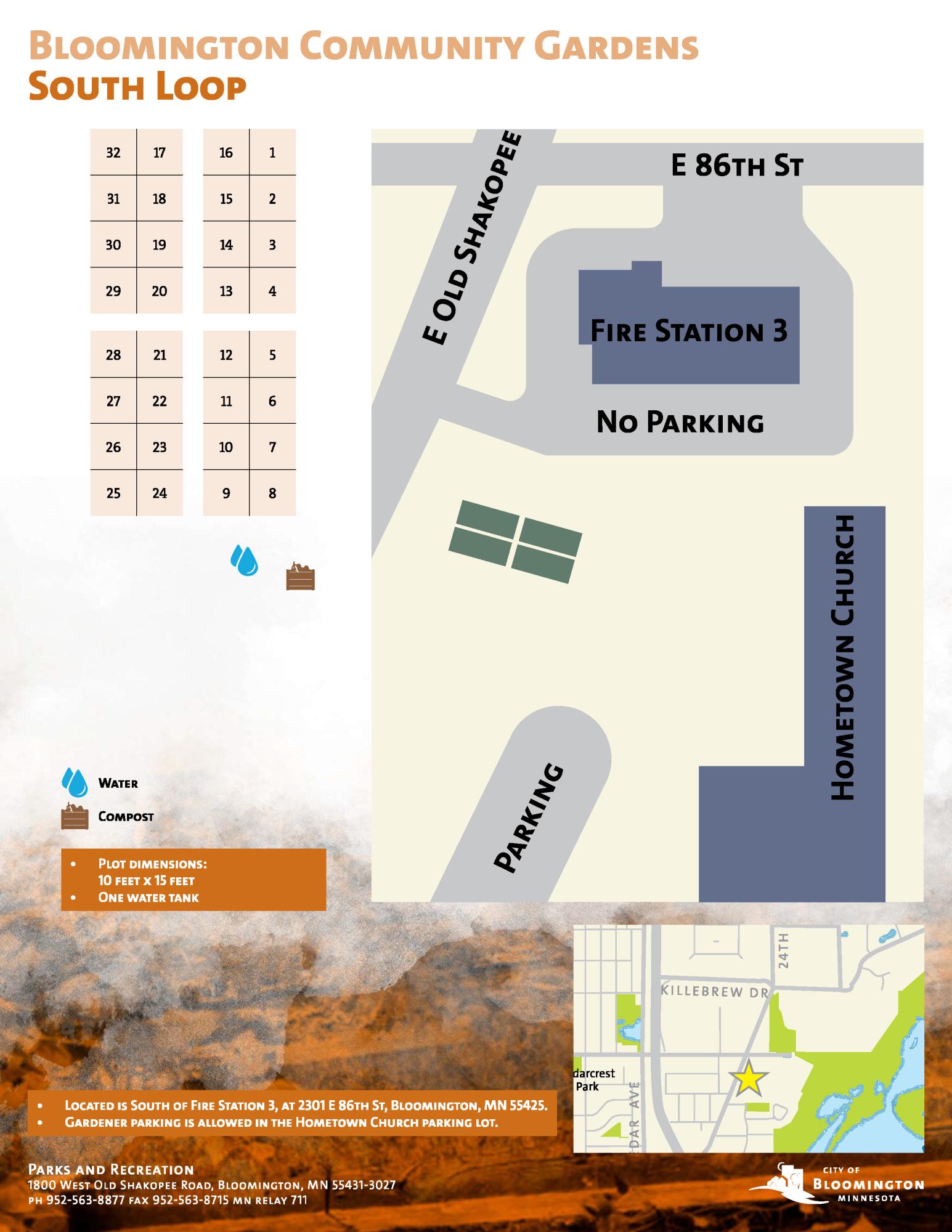 South Loop garden map with 32 plots in grid at left, map of 86th St. and Old Shakopee Rd. location with on-site parking at right, info includes 10 x 15 plot dimensions, water and compost locations.