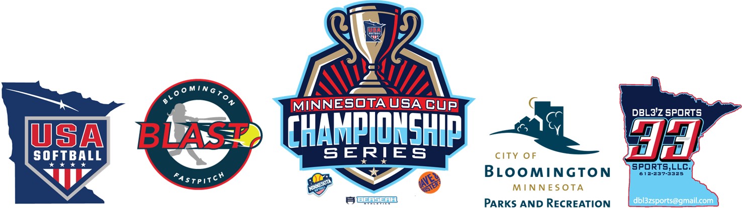 Logo strip featuring USA Minnesota Softball, Bloomington Blast Fastpitch, Minnesota Cup Softball, City of Bloomington Parks and Recreation and Dbl3Z Sports