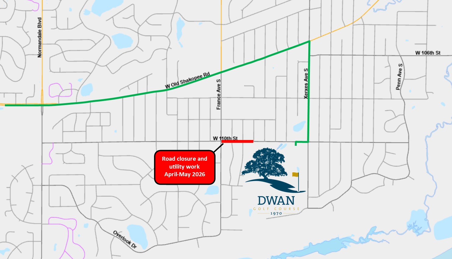 Map showing eastbound route to Dwan Golf course along Old Shakopee Rd and Xerxes Ave South with road closure on 110th St. from France to Chowen Avenues