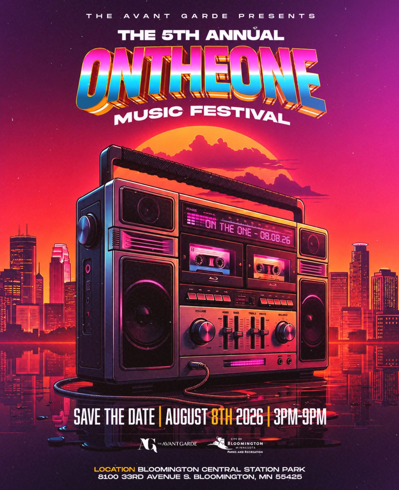 Colorful On The One Music Festival graphic with a large boombox radio in the foreground and city skyline in the background