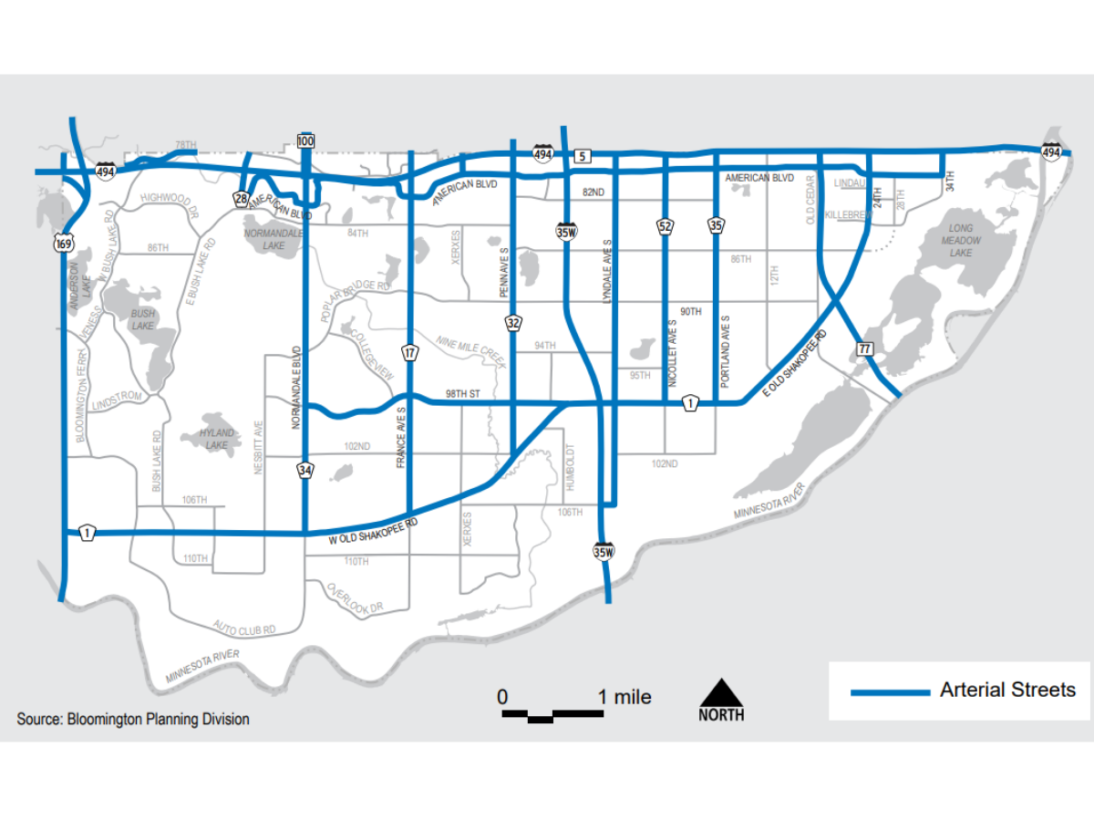 Map of Bloomington, Minnesota showing arterial streets as blue lines across the city.