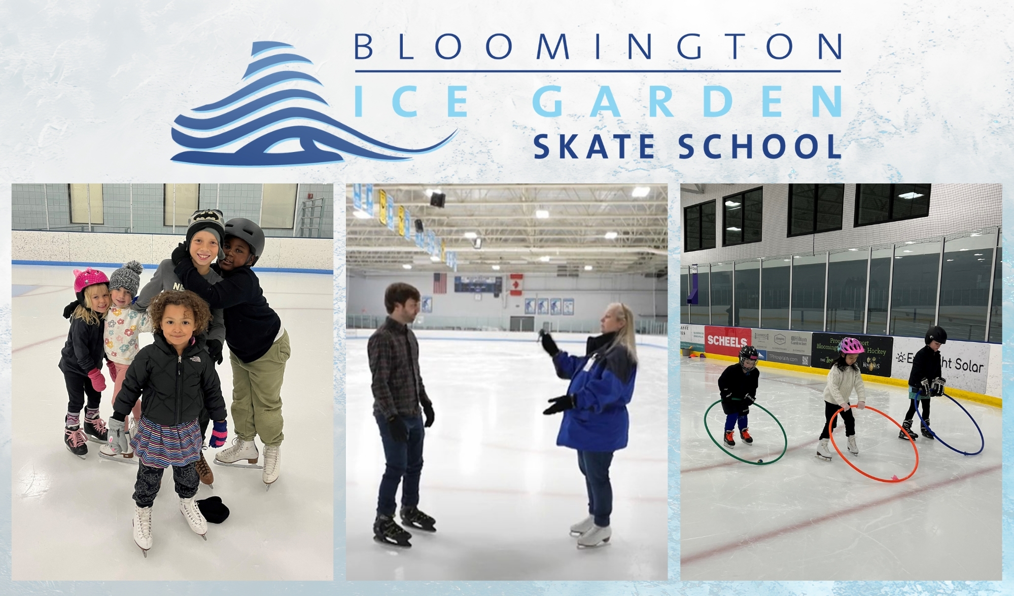 Montage of three skate school images on an icy background with BIG Skate School logo at top
