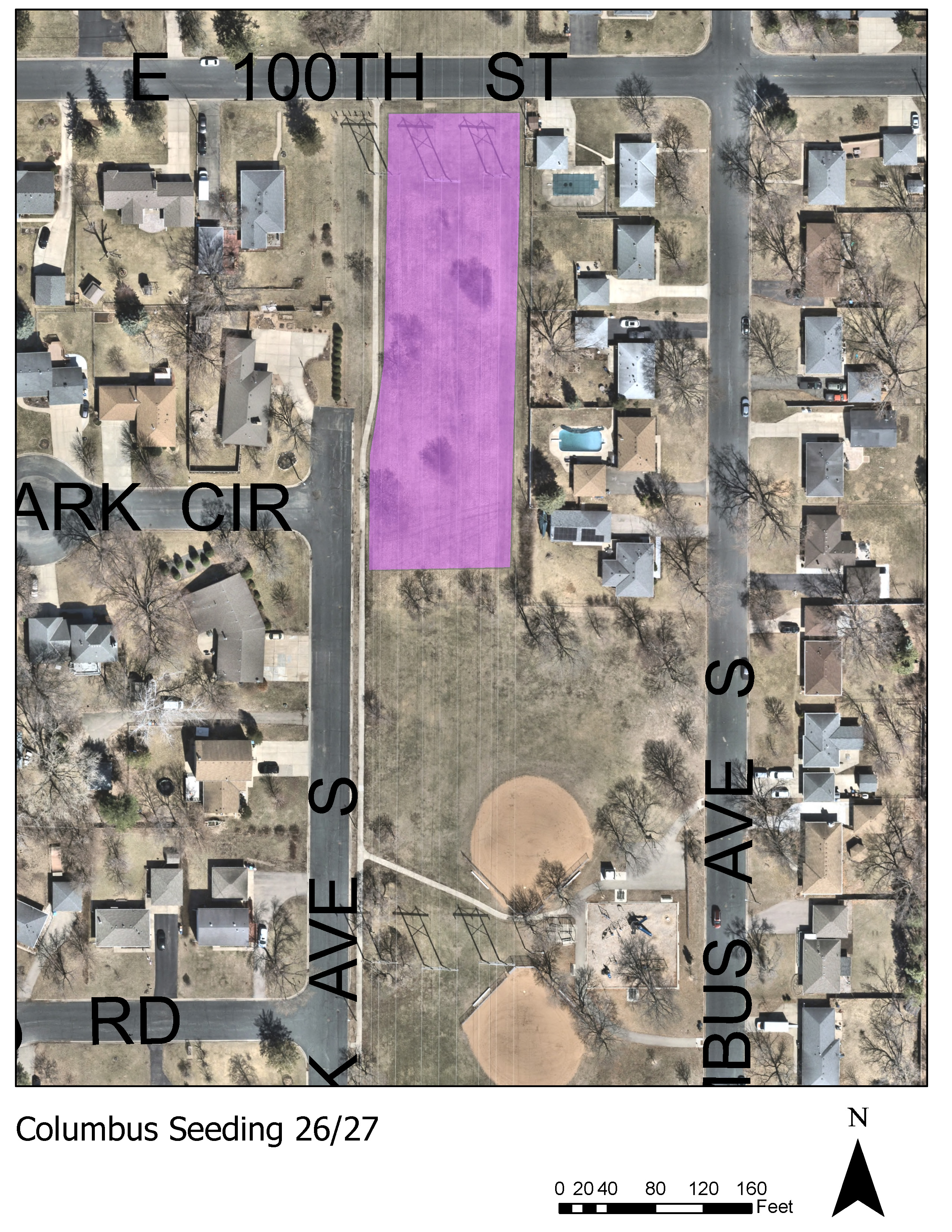 Map showing natural restoration seeding area at Columbus Park August 2026