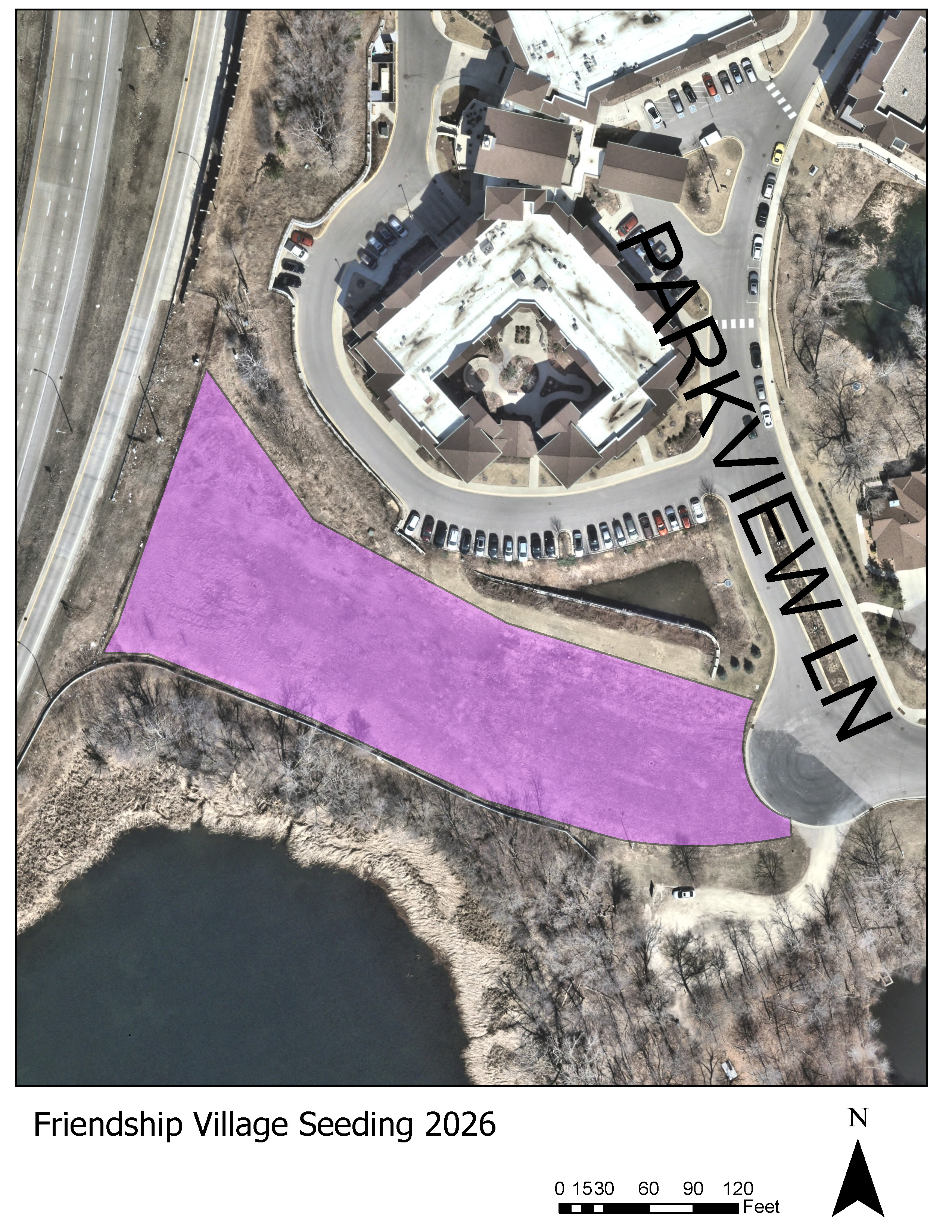 Map showing natural restoration seeding area in lot near Friendship Village August 2026