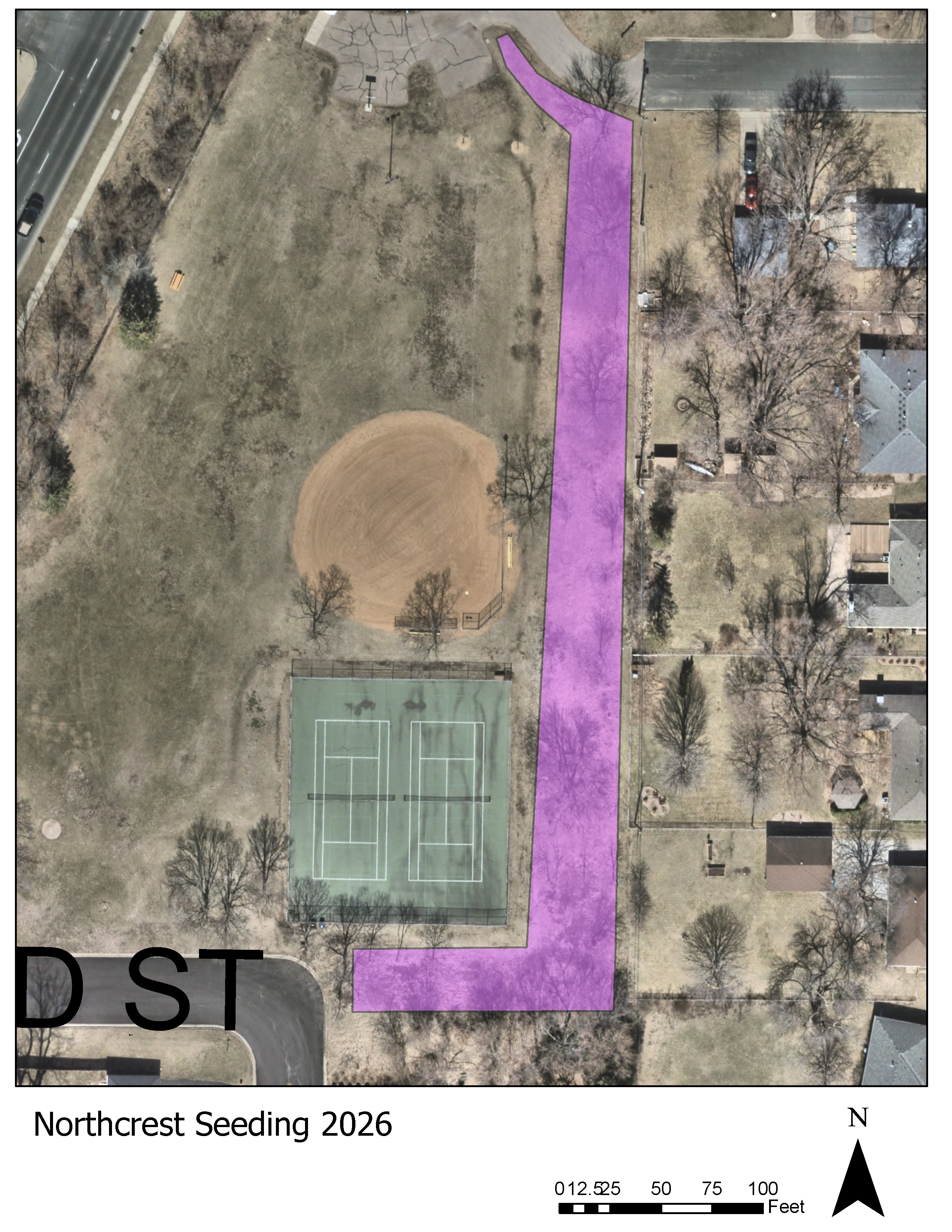 Map showing natural restoration seeding area at Northcrest Park August 2026