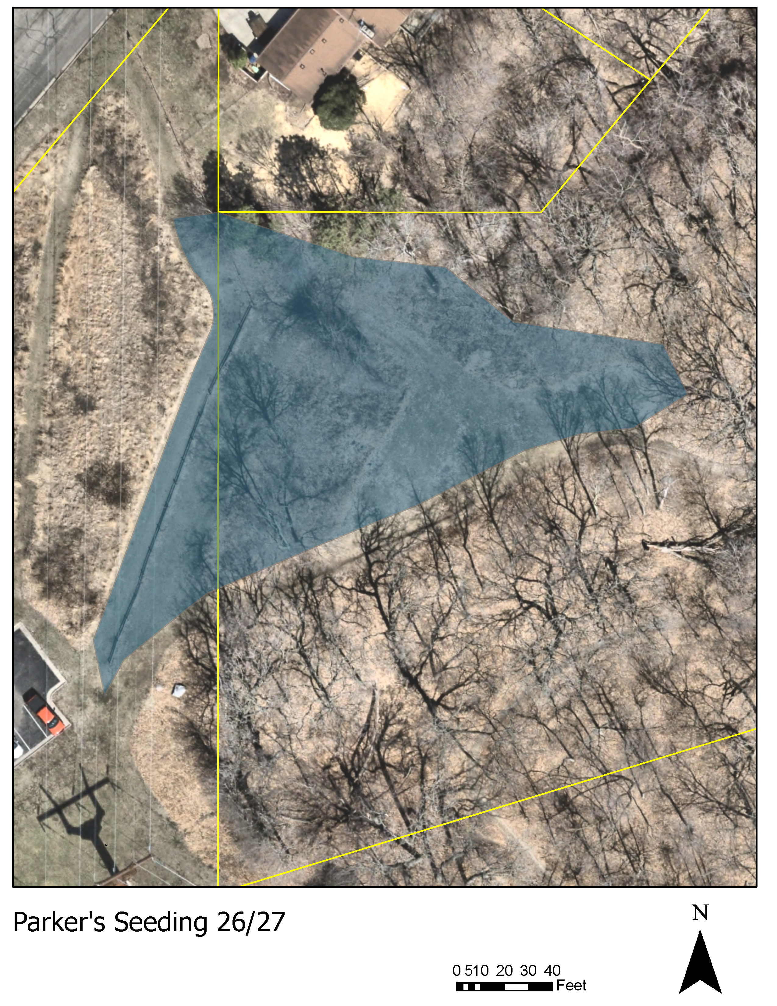 Map showing natural restoration seeding area at Parkers Picnic Grounds August 2026