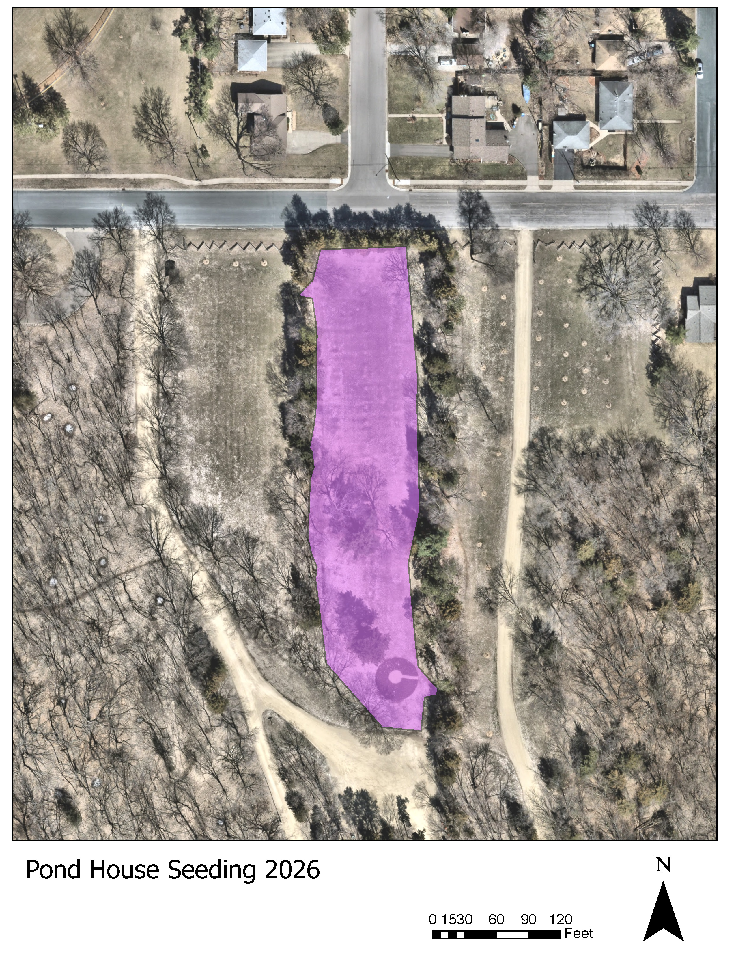 Map showing natural restoration seeding area at Pond House August 2026