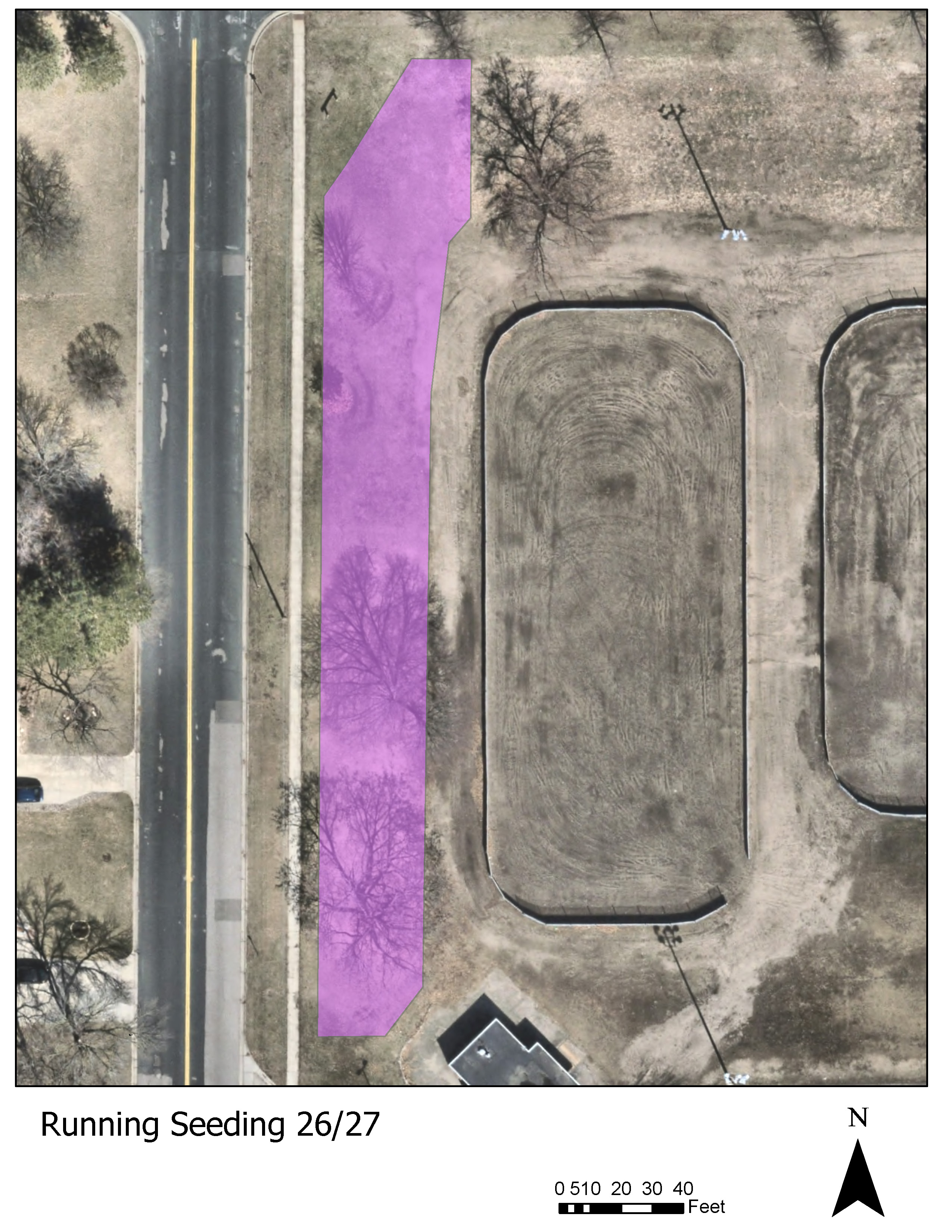 Map showing natural restoration seeding area at Running Park August 2026