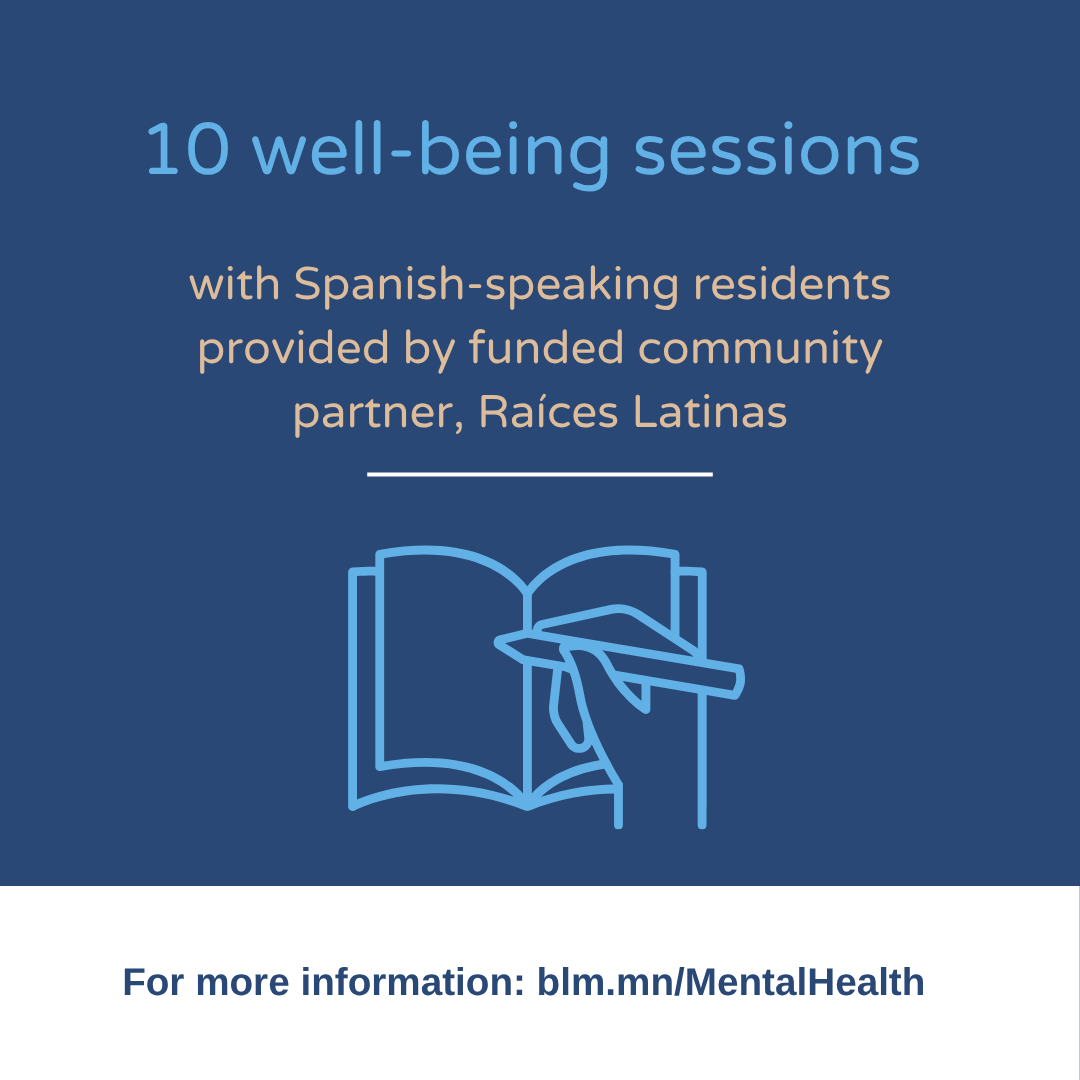 10 well-being sessions with Spanish-speaking residents provided by funded community partner, Raíces Latinas 