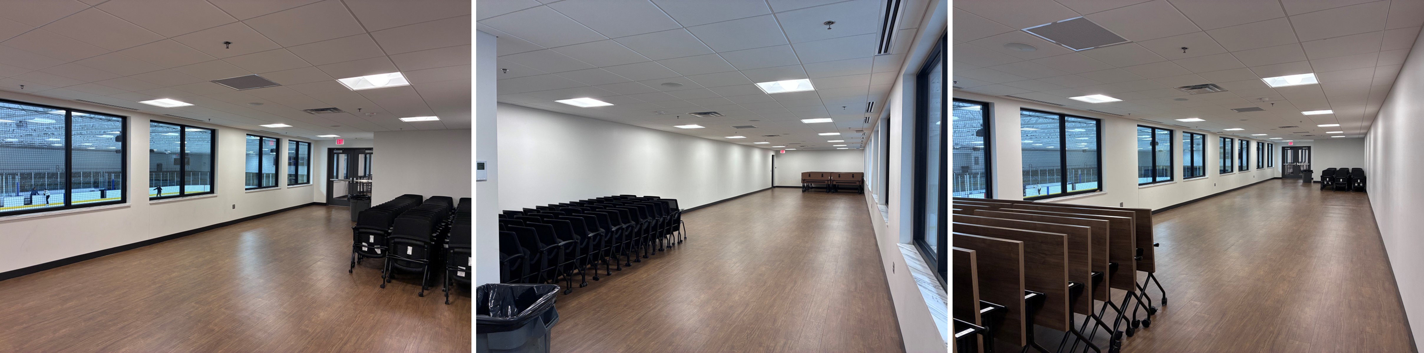 Three-image montage of multipurpose room at Bloomington Ice Garden
