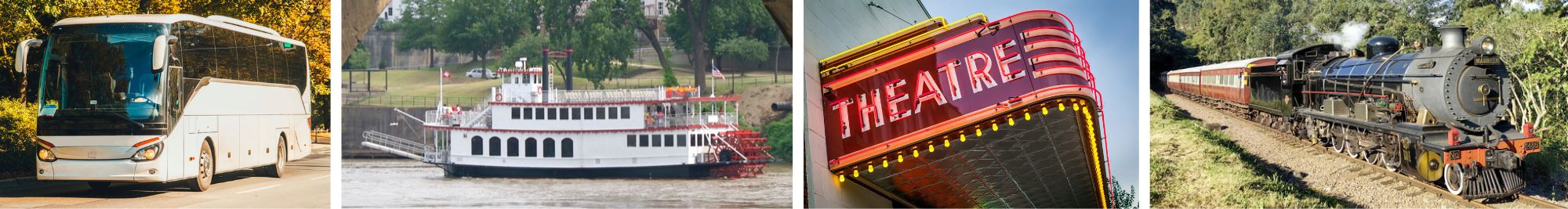 Four photo montage of a coach bus, train, boat and theatre marquee