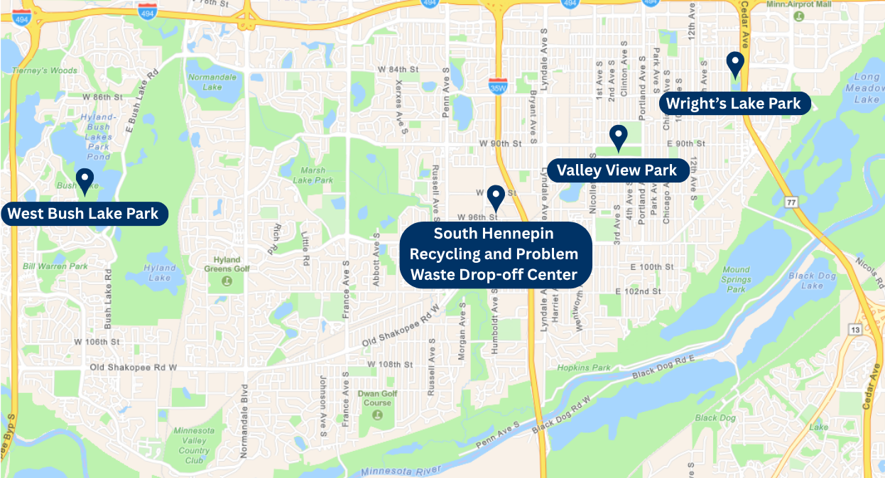 Bloomington city map with location pins identifying organics drop-off locations
