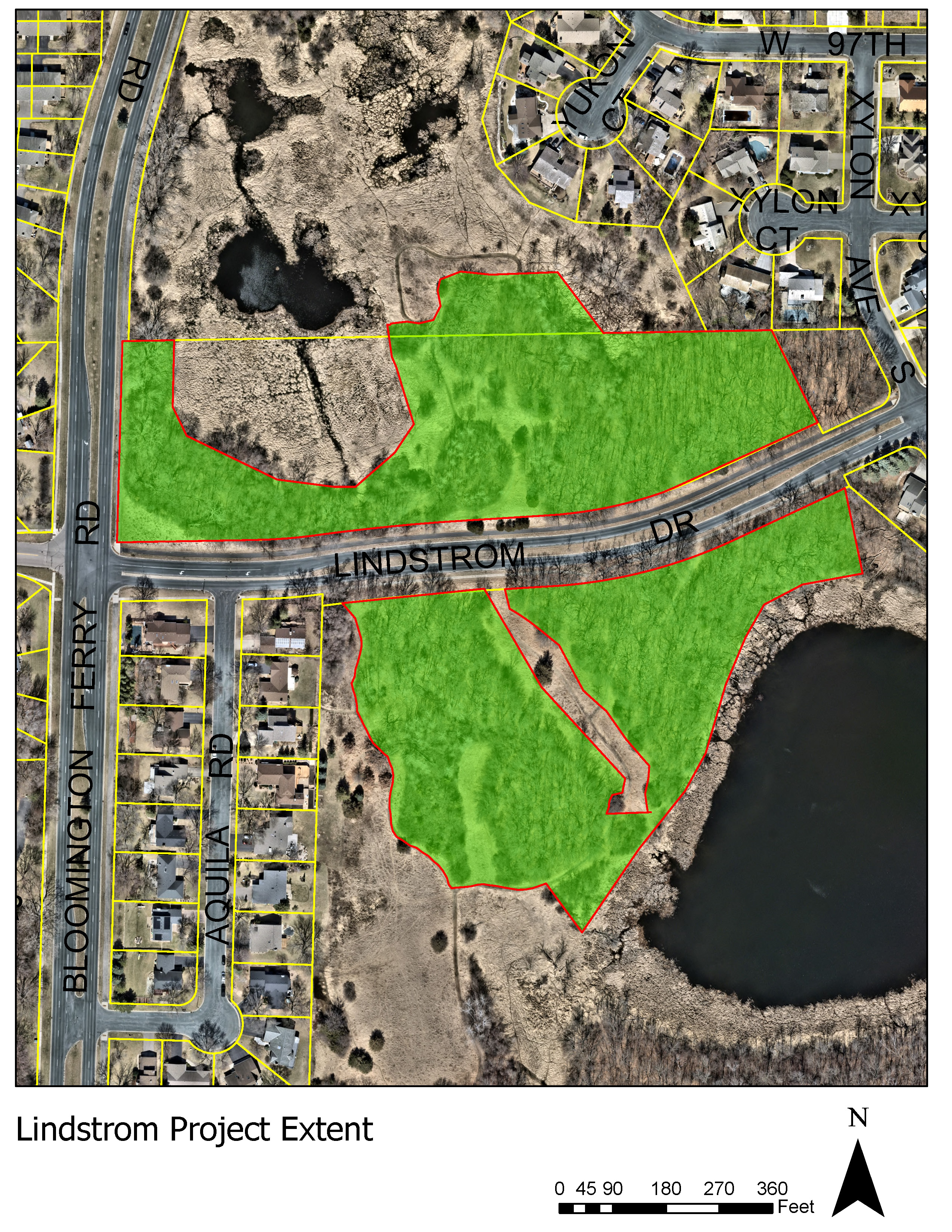 Map showing natural restoration area north and south of Lindstrom Drive in West Bloomington