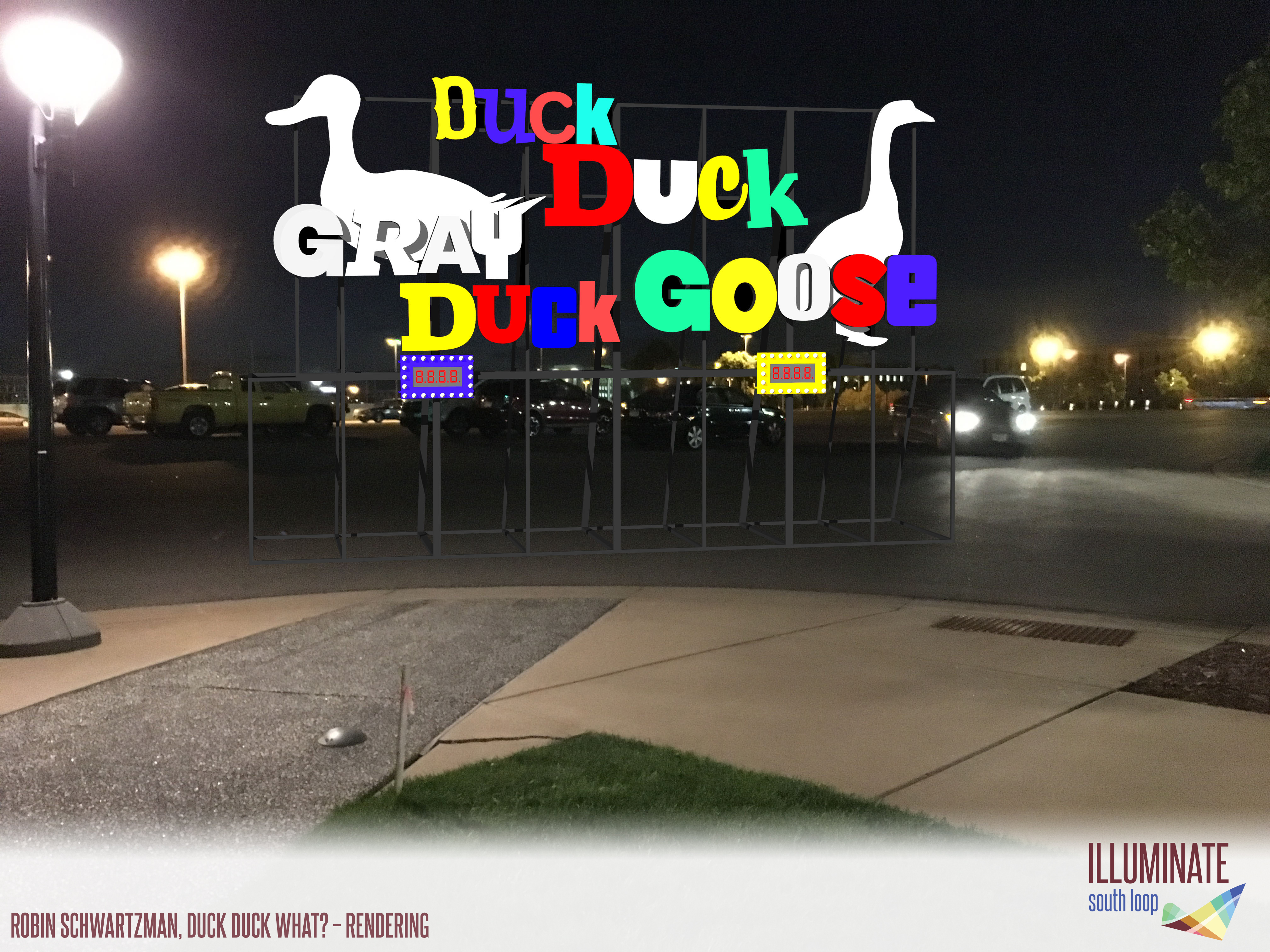 A picture at night of a lit sign that says Duck Duck Gray Duck Goose.