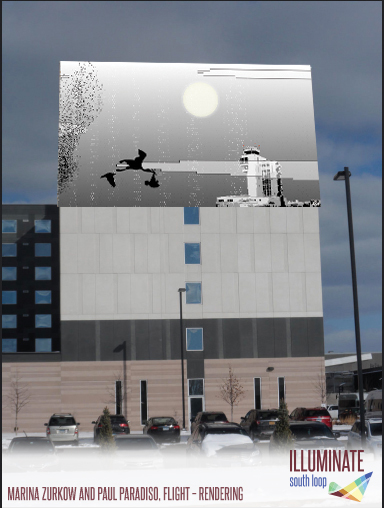 A rendering of a hotel with a mural on its exterior.