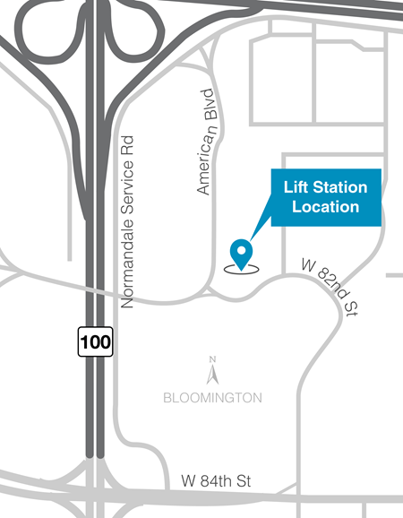 Map of five primary sewer rehabilitation sites in central Bloomington.