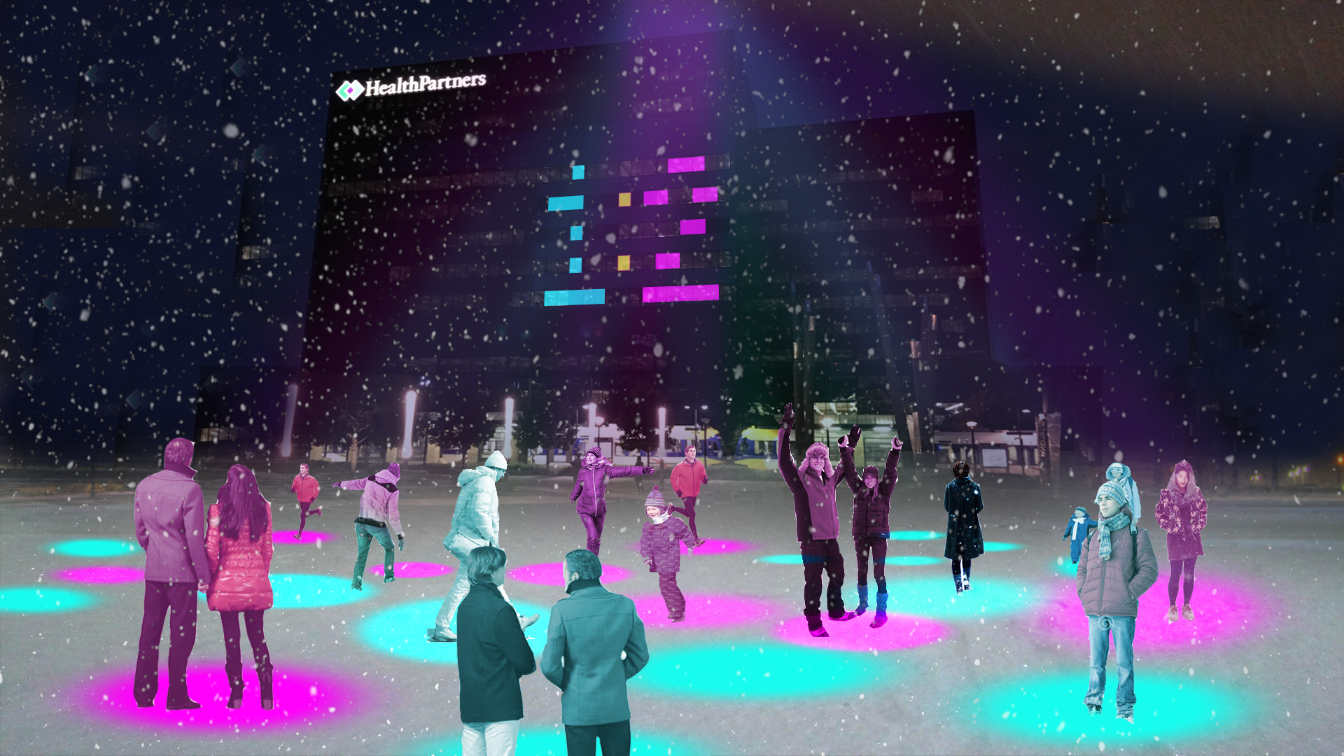 People playing a winter game outdoors in the evening.