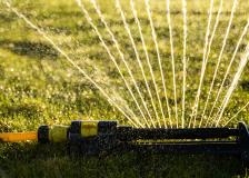 A lawn sprinkler watering grass. 