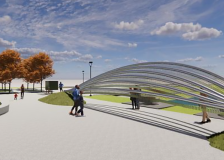 Several metal arcs arise from the ground near a walking path in this rendering of a proposed Bloomington veterans memorial.