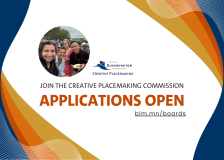 Creative Placemaking Commissioner Applications Open image with colorful layers and picture of smiling people at an outdoor market