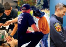 Fire fighters learning CPR, fire fighter with child spraying water hose, fire fighters making a donation