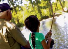 Grandfather and granddaughter fishing
