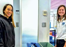 Waste Wise Sustainability Specialist Lauren Gaffron and Executive Director of Rebels Gymnastics Jaime Tsurusaki. 