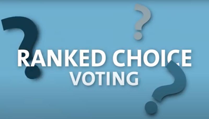 Banner with "Ranked Choice Voting" and question marks. 