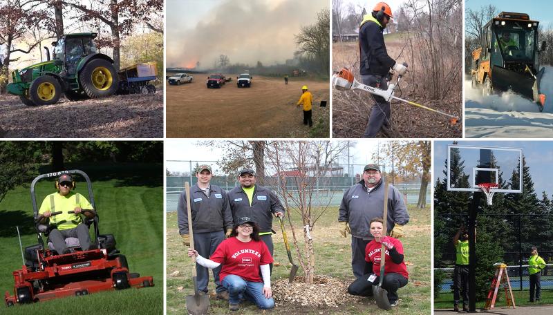 Park Maintenance montage featuring mowing, tree planting, prescribed burning, snow plowing, and park maintenance.