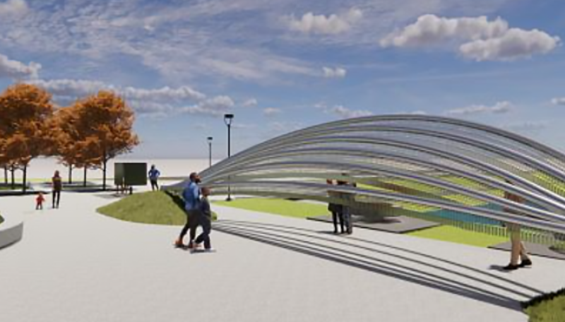 Several metal arcs arise from the ground near a walking path in this rendering of a proposed Bloomington veterans memorial.