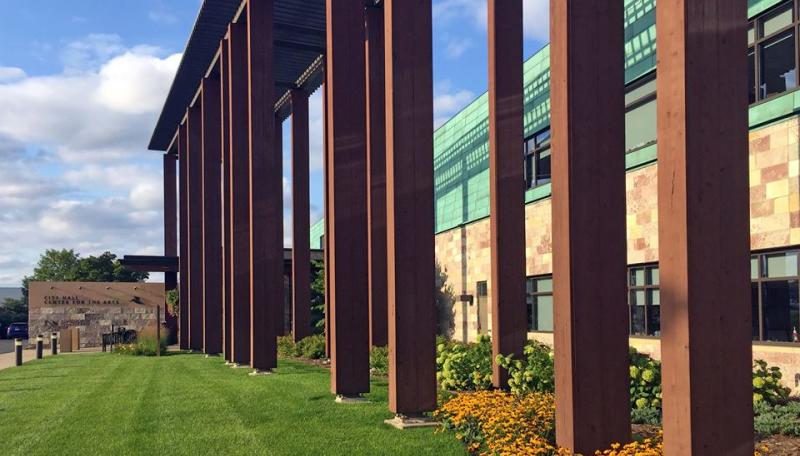West face of the Bloomington Civic Plaza building.