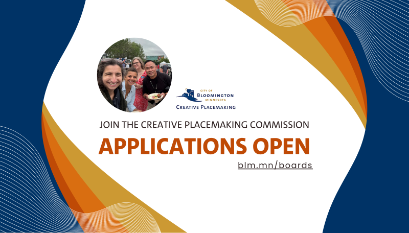 Creative Placemaking Commissioner Applications Open image with colorful layers and picture of smiling people at an outdoor market