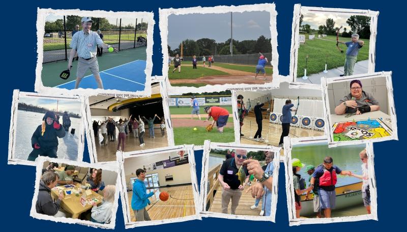 Montage of adaptive recreation photos including pickleball, fishing, archery, softball, dances, arts and crafts, games and more