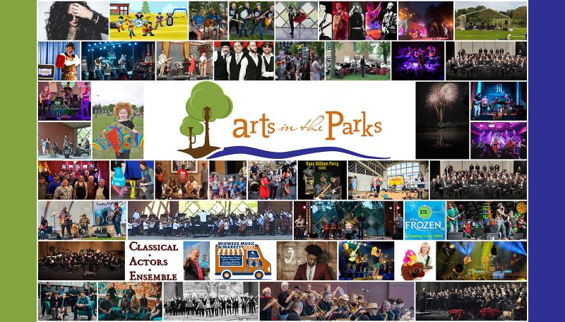 Montage image of all 2026 Arts in the Parks events with Arts in the Parks logo in the middle