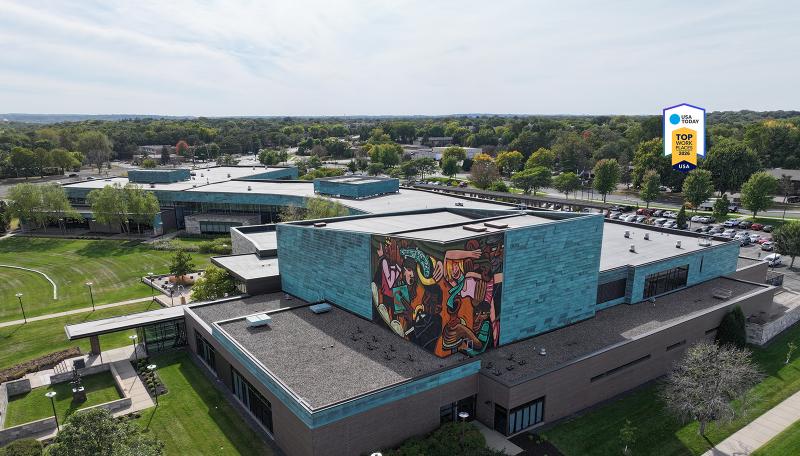 Summer drone photo of Civic Plaza building from the air. 