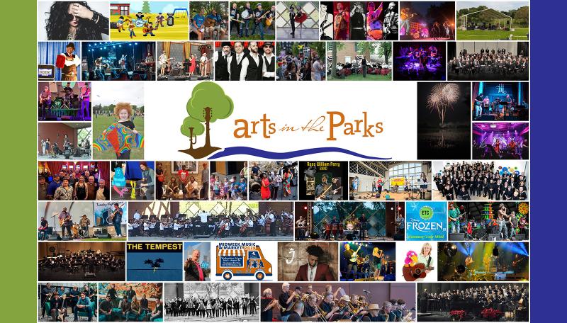 Montage image of all 2026 Arts in the Parks events with Arts in the Parks logo in the middle