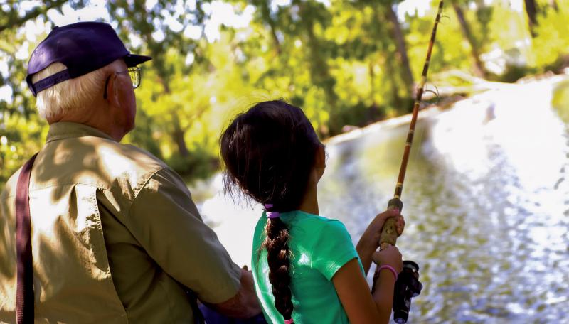 Grandfather and granddaughter fishing