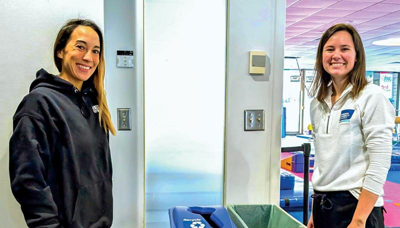 Waste Wise Sustainability Specialist Lauren Gaffron and Executive Director of Rebels Gymnastics Jaime Tsurusaki. 