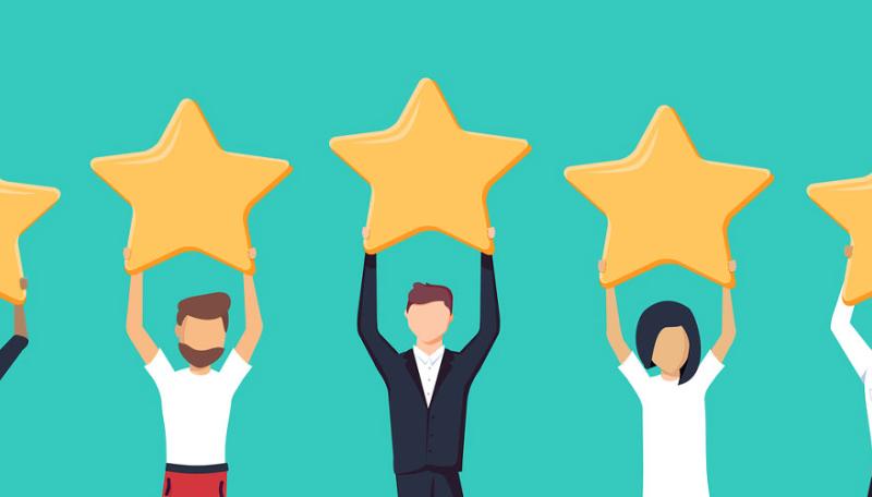 Five people holding up stars, like a rating scale.